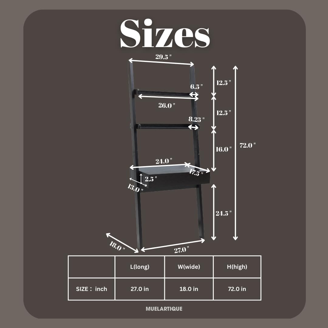 Muelartique Ladder Desk with Drawer and Shelves, Modern Home Office Desk with Bookcase Design, Compact Writing Table Workspace for Small Spaces, Handleless Design