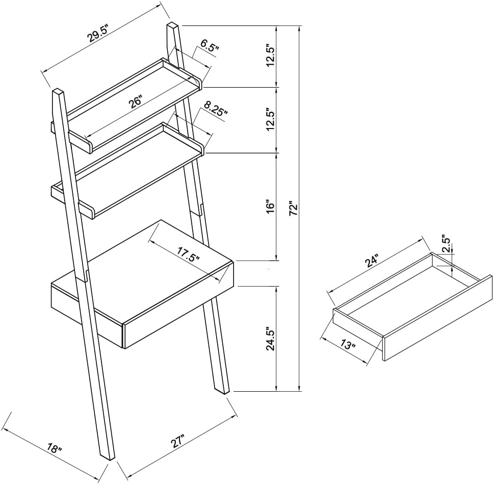 3-Tier Ladder Shelf, 72-Inch Narrow Leaning Bookshelf, Modern Home Office Desk, Workspace Writing Table Bookcase Ladder,One Drawer and Two Shelves, Handleless Design