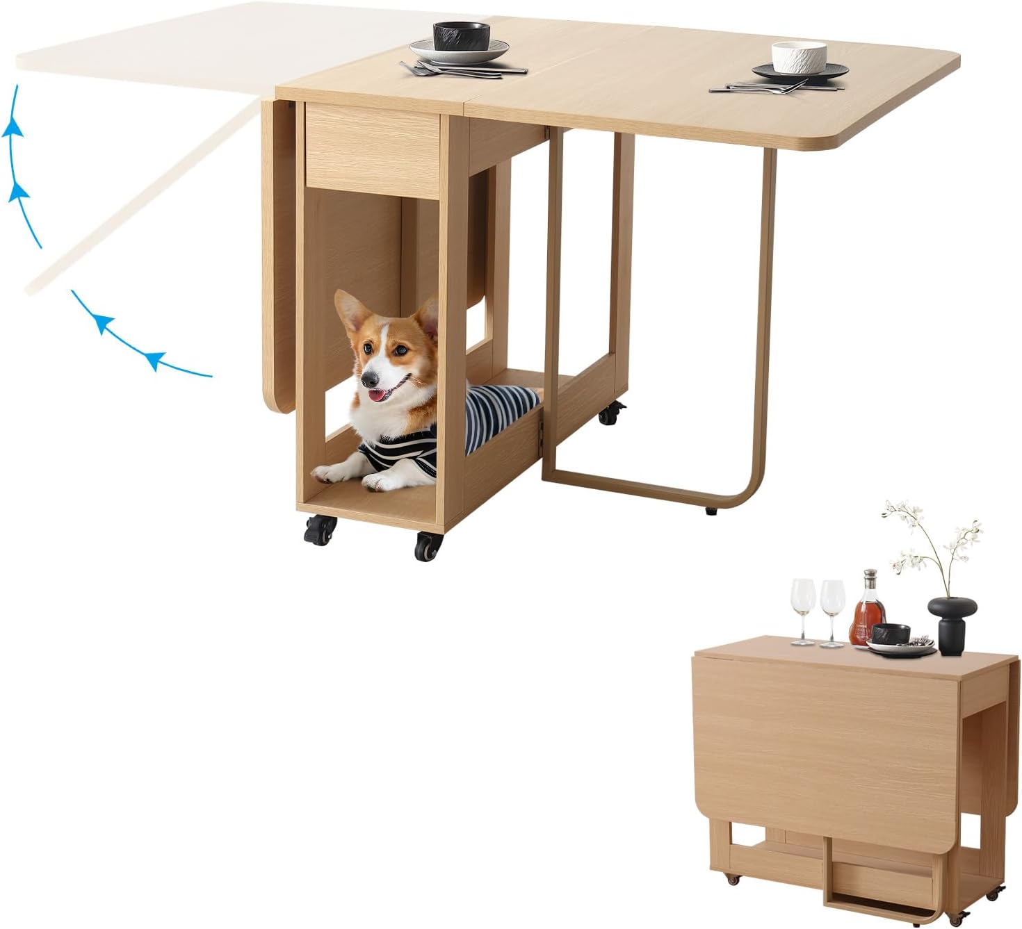 VASTATIO Folding Dining Room Table with Two Drawers for 4/6 with Space Saving Drop Leaf Table,Lockable Wheels & Storage, Heavy Duty Plywood Top 300lb, Convertible Desk for Apartments/RV/Home Office