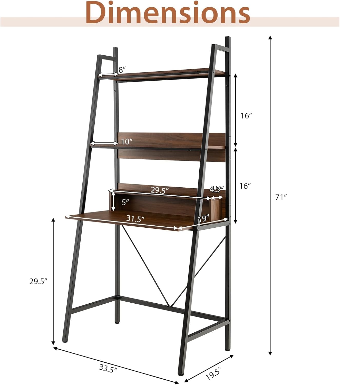 Tangkula 3-Tier Ladder Computer Desk, 71 Inch Modern Writing Desk with Storage Shelves, PC Laptop Workstation, Ladder Bookcase Stand Shelf with Metal Frame, Study Shelf Desk for Home Office (Brown)