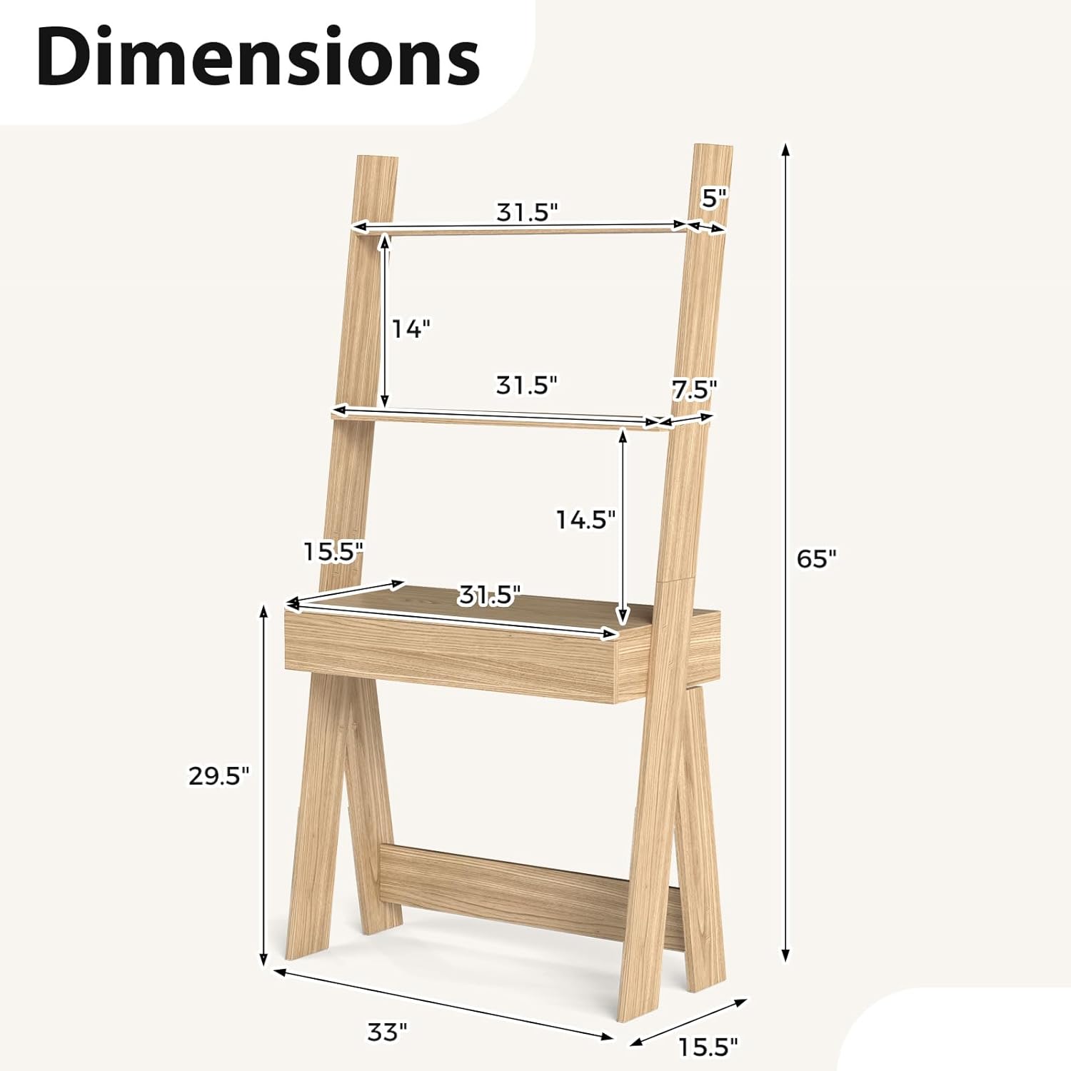Giantex 3 Tier Ladder Desk with Drawer, 33" Width Ladder Shelf with Anti-Tipping Device, Freestanding Bookshelf, Natural Leaning Computer Desk with Shelves for Small Space