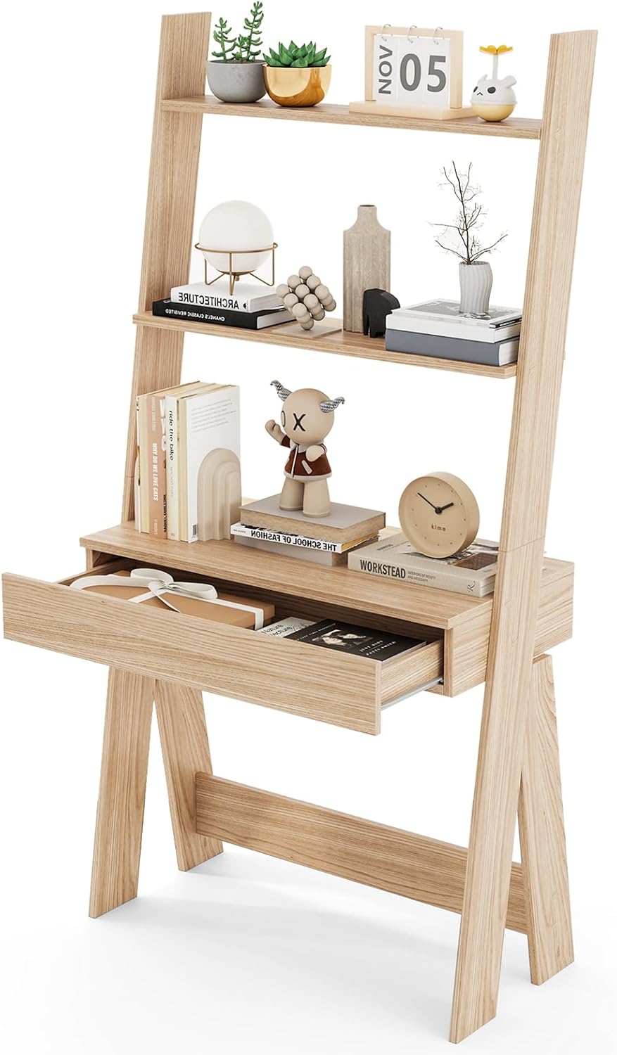 Giantex 3 Tier Ladder Desk with Drawer, 33" Width Ladder Shelf with Anti-Tipping Device, Freestanding Bookshelf, Natural Leaning Computer Desk with Shelves for Small Space