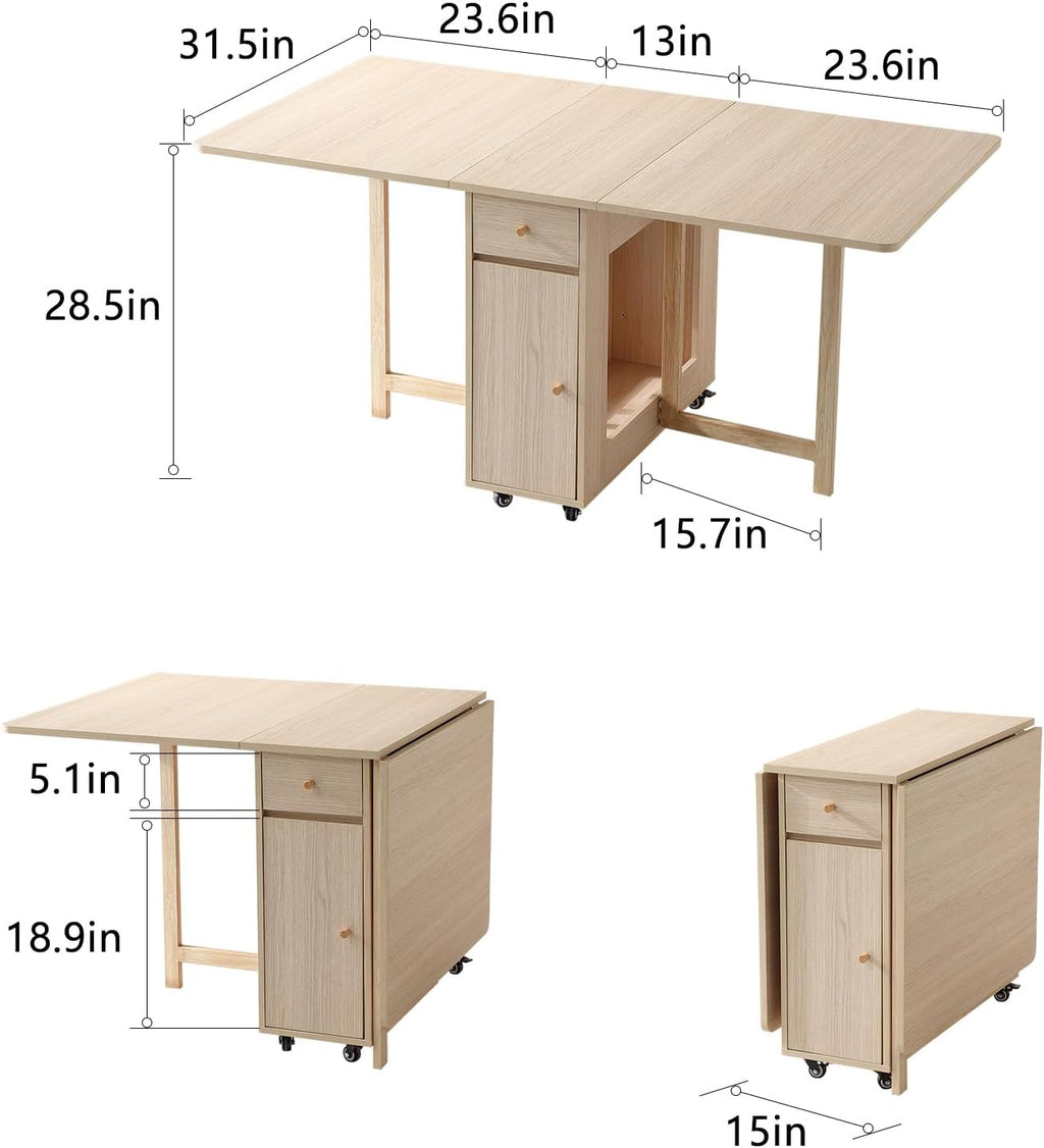 COMUHOME Extendable Drop Leaf Folding Dining Table with 2 Drawers and 4 Wheels for Living Room Kitchen Farmhouse Space Saving Table in Wood Color