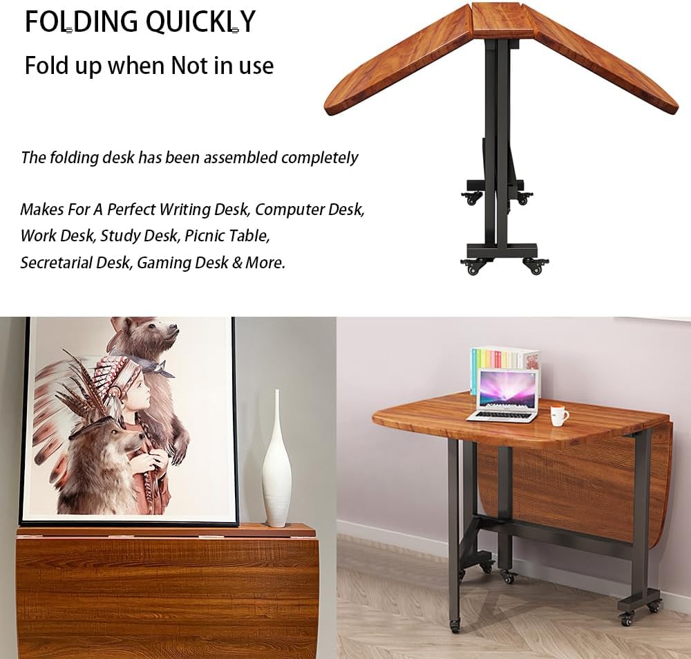 Rukulin Multifunction Table Drop Leaf Dining Table - 47" Wooden Foldable Kitchen Table with 6 Wheels (Brown)