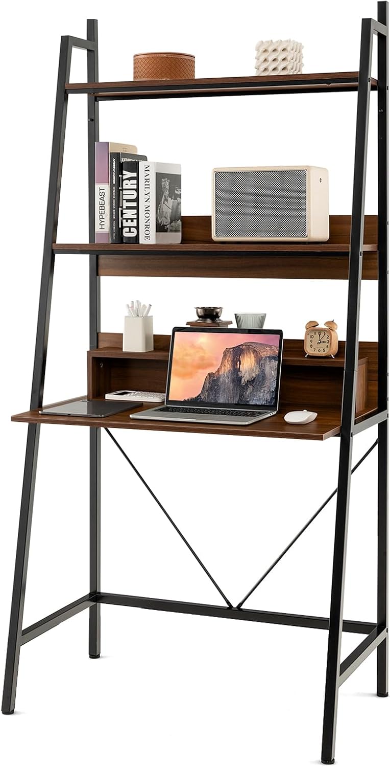 Tangkula 3-Tier Ladder Computer Desk, 71 Inch Modern Writing Desk with Storage Shelves, PC Laptop Workstation, Ladder Bookcase Stand Shelf with Metal Frame, Study Shelf Desk for Home Office (Brown)