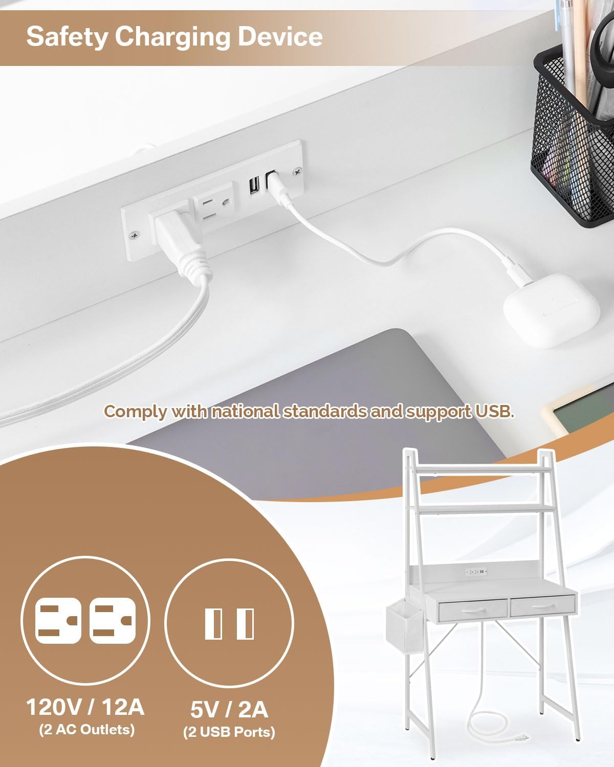 Freestanding Ladder Desks with Power Outlets, Small Home Office Study Reading Desks with 2 Fabric Drawers and Side Bag, Computer Gaming Desk Modern Vanity Dressing Makeup Desk (Elegant White, Ladder)