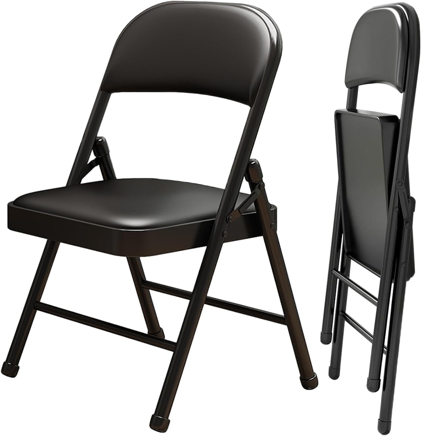 KAOCHA 2 Pack Folding Chairs with Leather Padded Cushion and Back, Metal Black Foldable Chair for Indoor Outdoor, Commercial Stackable Guest Chairs for Office Events Wedding Party Kitchen Dining