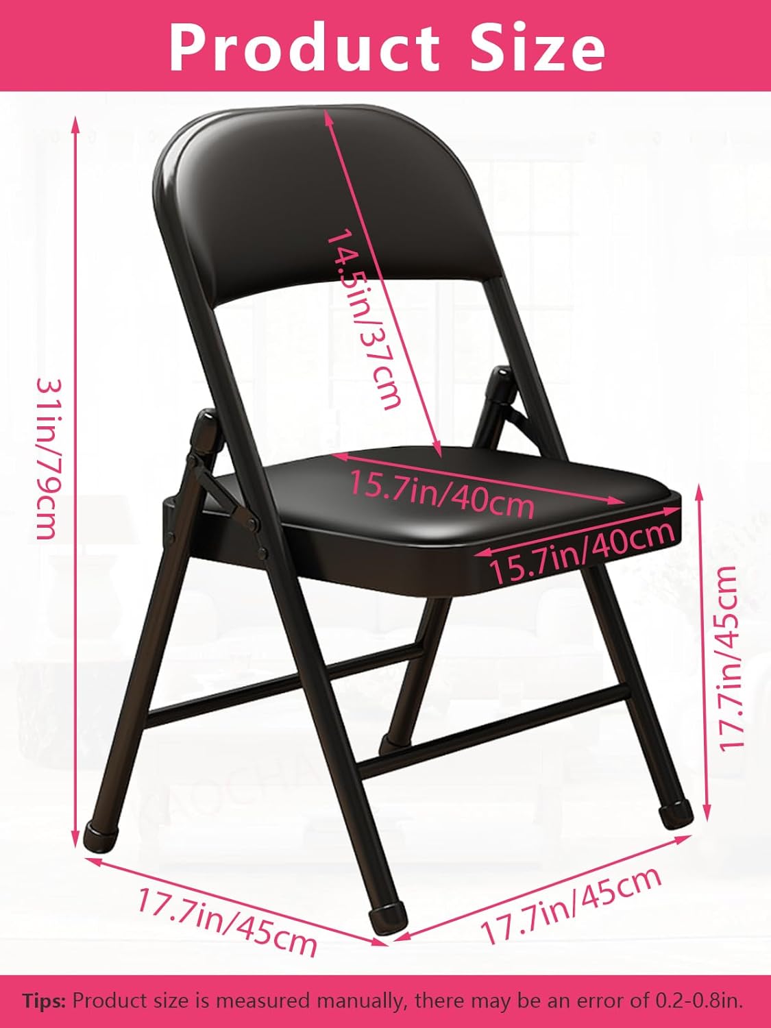 KAOCHA 2 Pack Folding Chairs with Leather Padded Cushion and Back, Metal Black Foldable Chair for Indoor Outdoor, Commercial Stackable Guest Chairs for Office Events Wedding Party Kitchen Dining