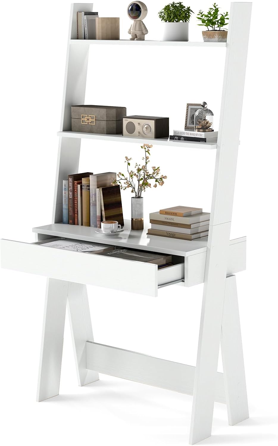Tangkula Ladder Desk with Countertop & Drawer, Home Office Computer Laptop Table with Open Shelves & Anti-Tip Kits, Wall-Leaning Compact Working Station for Small Spaces (White)