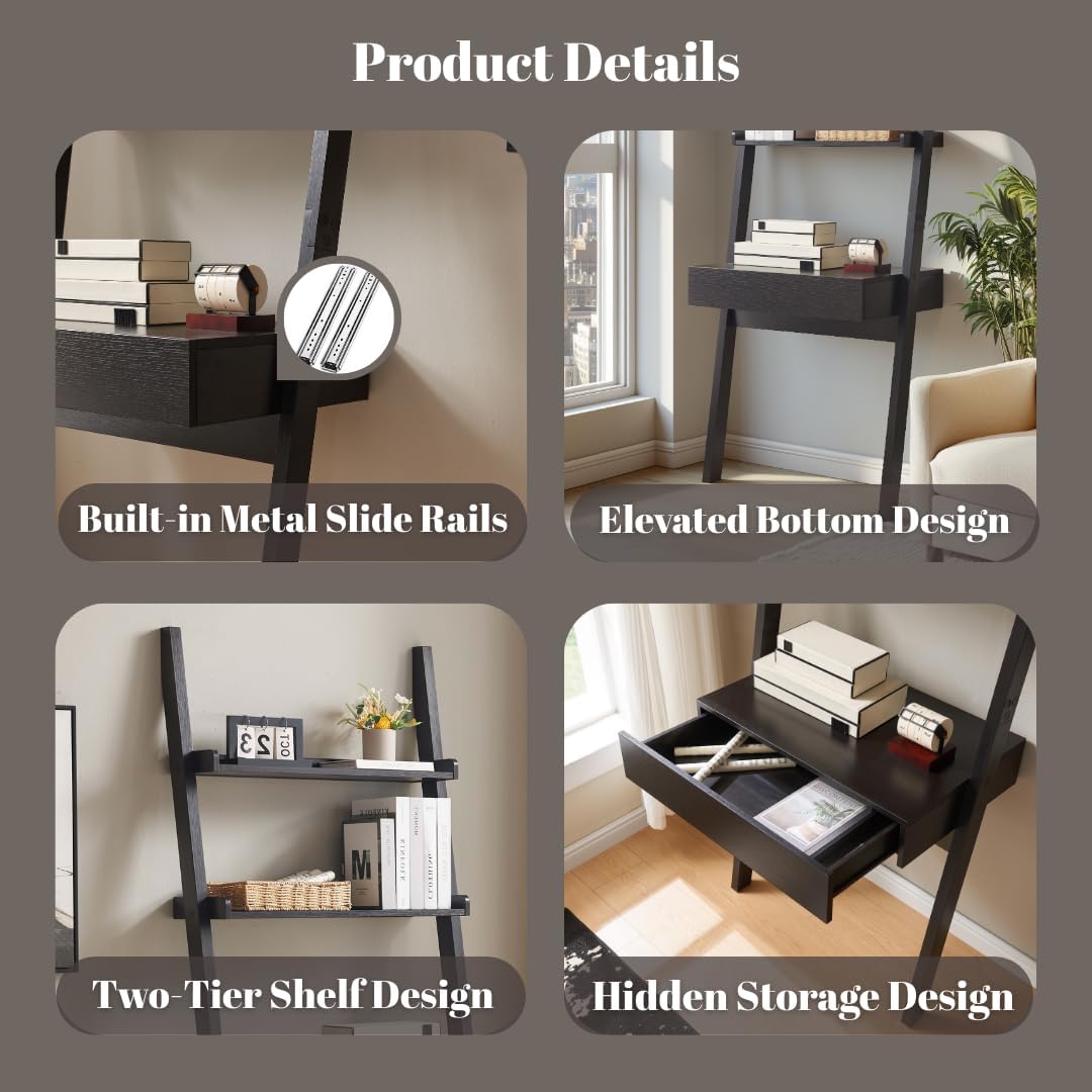 Muelartique Ladder Desk with Drawer and Shelves, Modern Home Office Desk with Bookcase Design, Compact Writing Table Workspace for Small Spaces, Handleless Design
