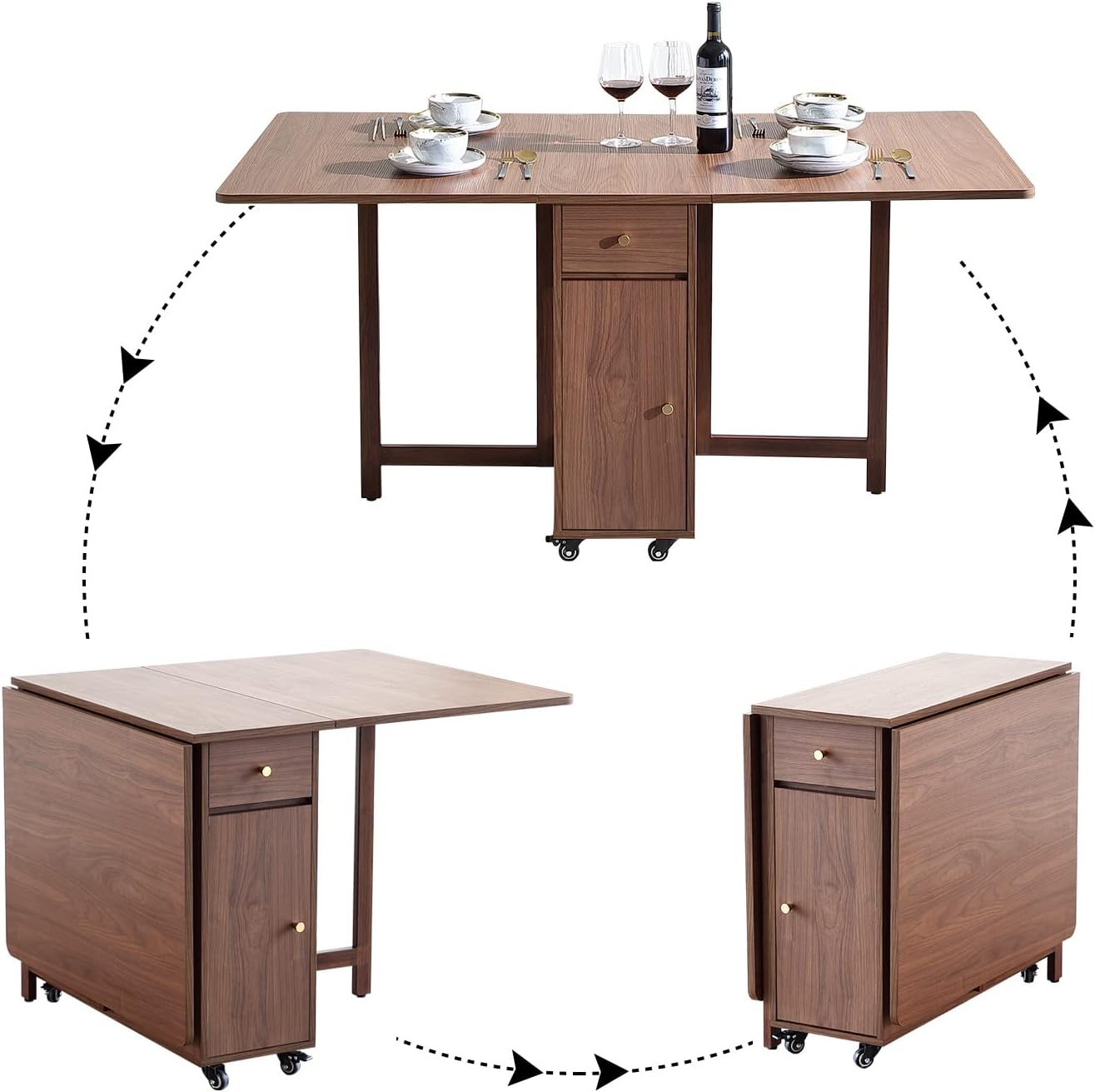 COMUHOME Extendable Drop Leaf Foldable Dining Table with 2 Drawers and 4 Wheels for Living Room Kitchen Farmhouse Space Saving Table in Walnut