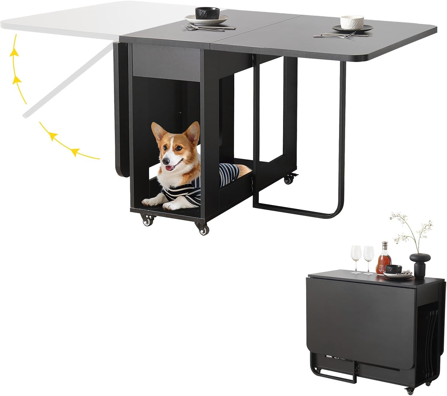 VASTATIO Folding Dining Room Table with Two Drawers for 4/6 with Space Saving Drop Leaf Table,Lockable Wheels & Storage, Heavy Duty Plywood Top 300lb, Convertible Desk for Apartments/RV/Home Office