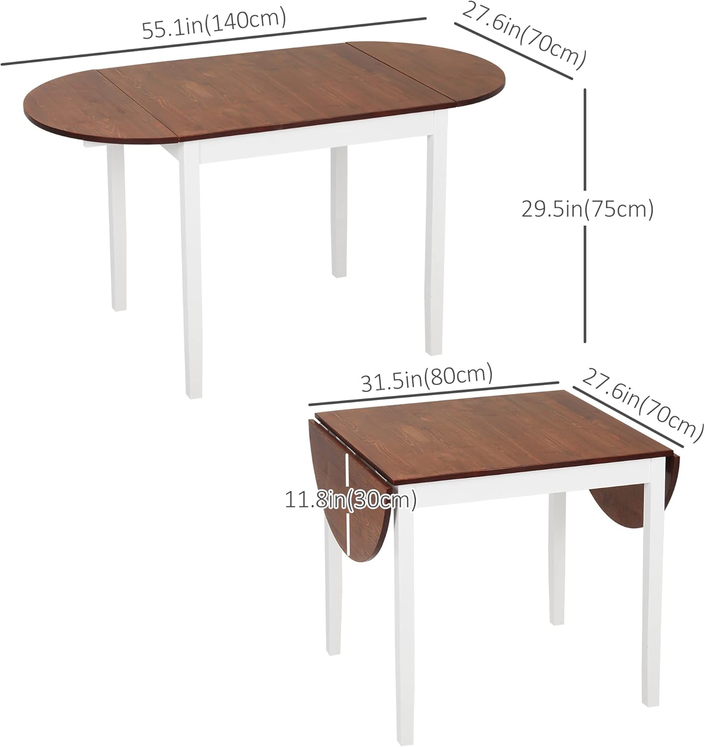 HOMCOM 55" Solid Wood Kitchen Table for 4-6 People, Oval Drop Leaf Tables for Small Spaces, Folding Dining Table, Brown