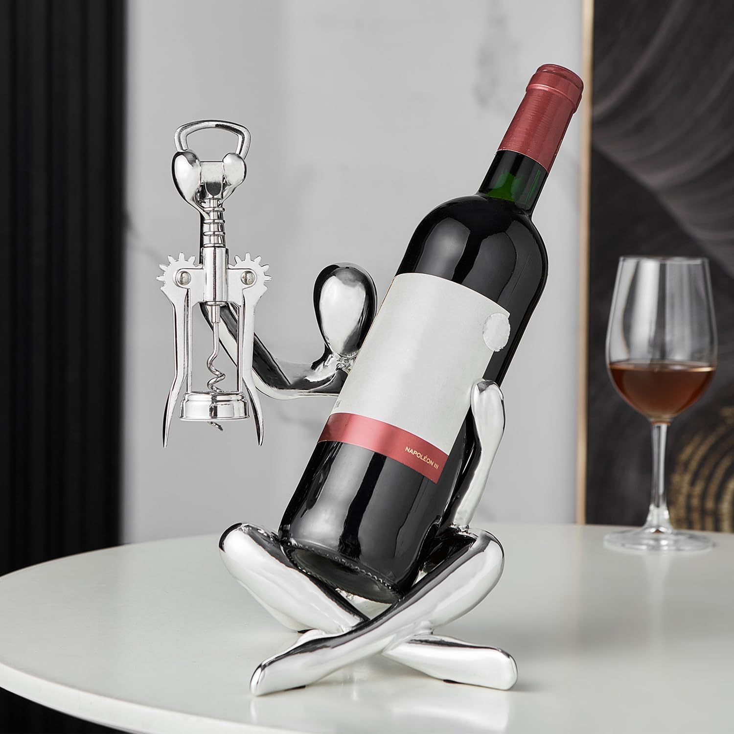 FJSPERM Thinker Statue Wine Rack, Gold Modern Rack for Kitchen Table Decor, Single Wine Bottle Holder Countertop for Bar, Small Bottle Holder Rack