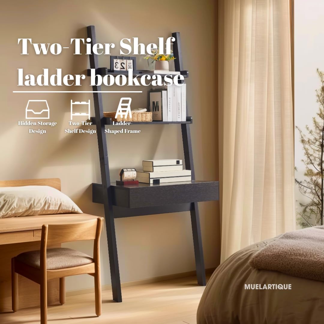 Muelartique Ladder Desk with Drawer and Shelves, Modern Home Office Desk with Bookcase Design, Compact Writing Table Workspace for Small Spaces, Handleless Design