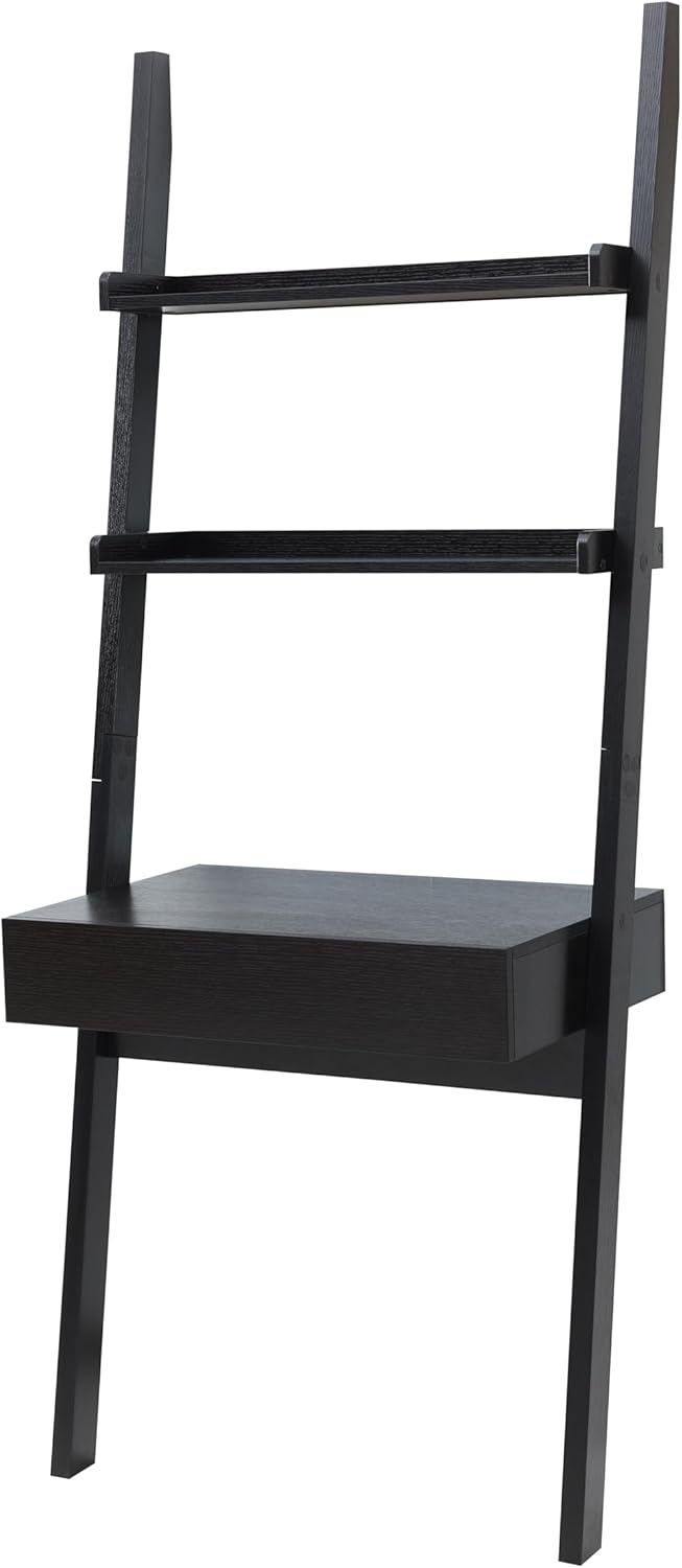 3-Tier Ladder Shelf, 72-Inch Narrow Leaning Bookshelf, Modern Home Office Desk, Workspace Writing Table Bookcase Ladder,One Drawer and Two Shelves, Handleless Design