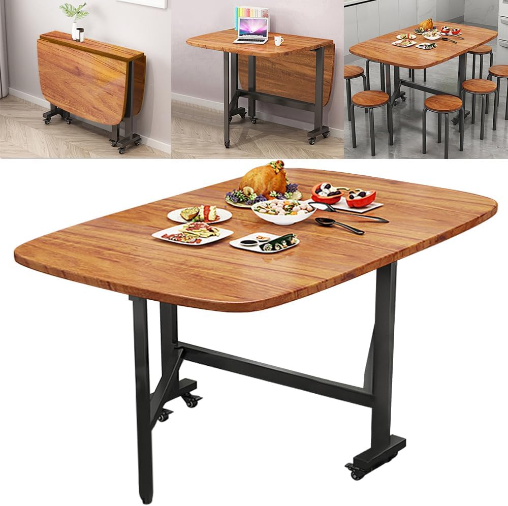 Rukulin Multifunction Table Drop Leaf Dining Table - 47" Wooden Foldable Kitchen Table with 6 Wheels (Brown)