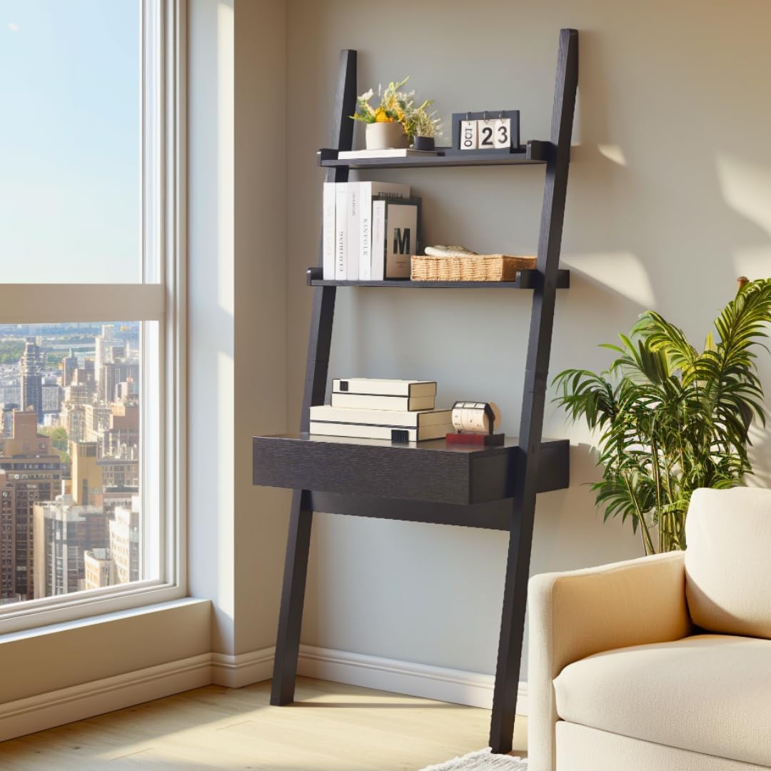 Muelartique Ladder Desk with Drawer and Shelves, Modern Home Office Desk with Bookcase Design, Compact Writing Table Workspace for Small Spaces, Handleless Design
