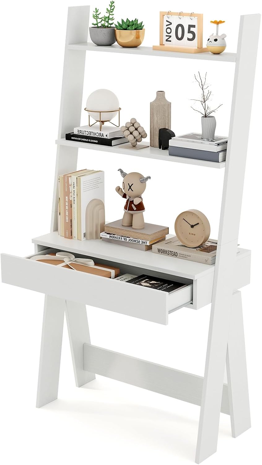 Giantex 3 Tier Ladder Desk with Drawer, 33" Width Ladder Shelf with Anti-Tipping Device, Freestanding Bookshelf, Natural Leaning Computer Desk with Shelves for Small Space