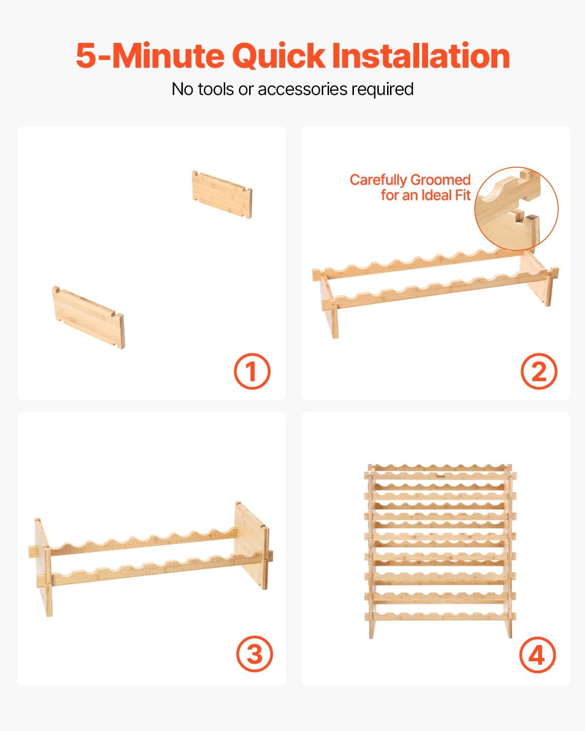 VEVOR 8-Tier 72 Bottles Stackable Modular Wine Rack, Freestanding Wines Holder Display Shelf, Solid Bamboo Wood Storage Racks, Wobble-Free Shelves for Kitchens, Dining Rooms, Cellars, Natural Color