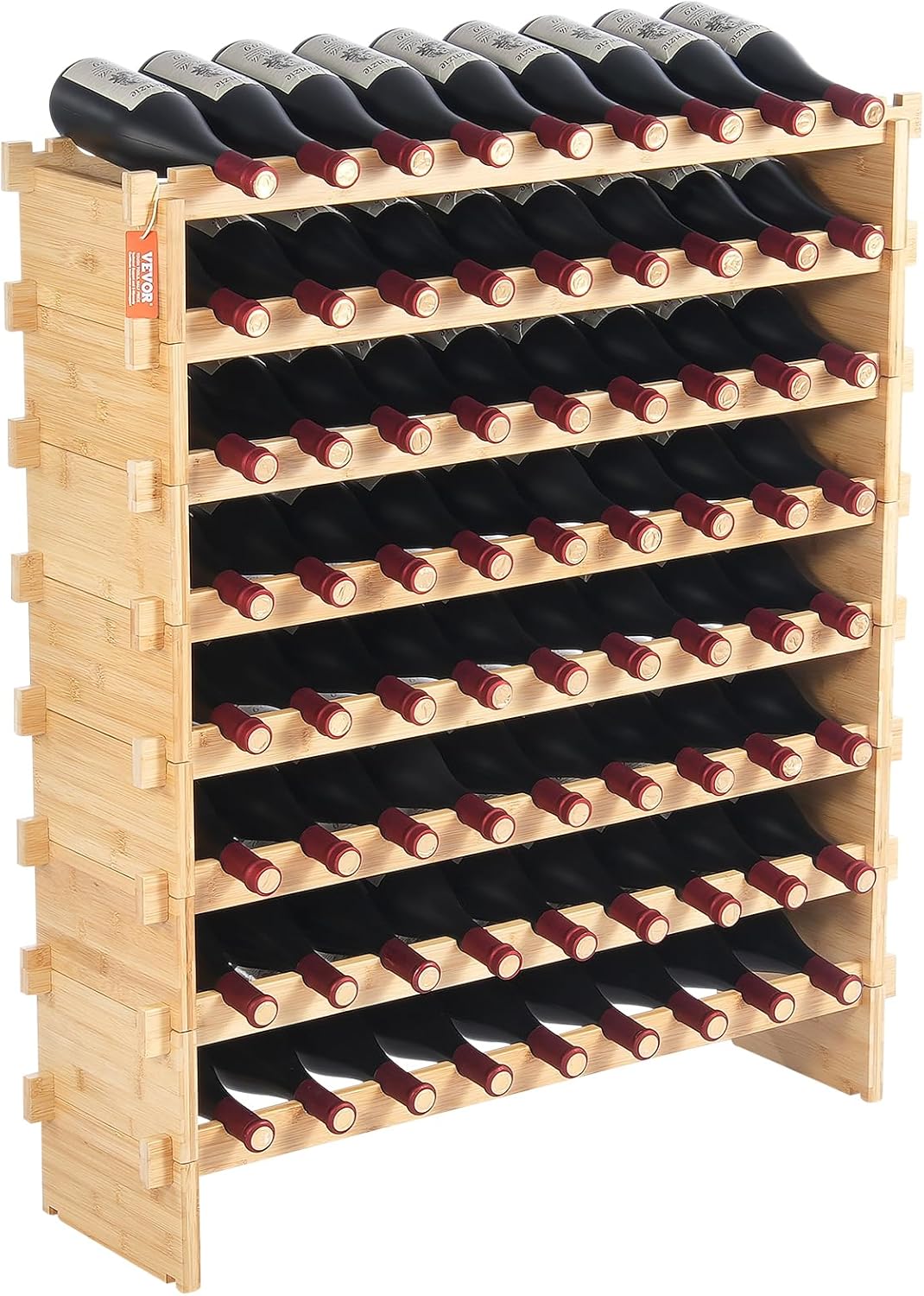 VEVOR 8-Tier 72 Bottles Stackable Modular Wine Rack, Freestanding Wines Holder Display Shelf, Solid Bamboo Wood Storage Racks, Wobble-Free Shelves for Kitchens, Dining Rooms, Cellars, Natural Color