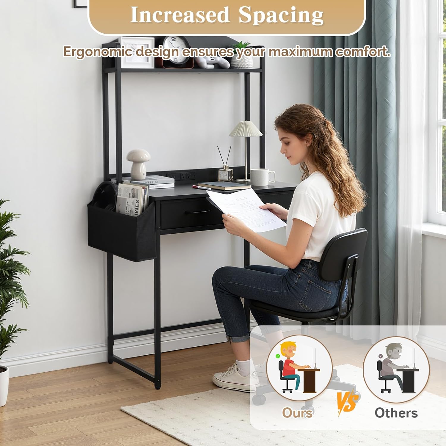 KATHY&BOB Freestanding Ladder Desk with Power Outlets, Home Office Study Reading Desk with 2 Fabric Drawers and Side Bag, Open Shelf Computer Gaming Desk, Modern Vanity Dressing Makeup Table