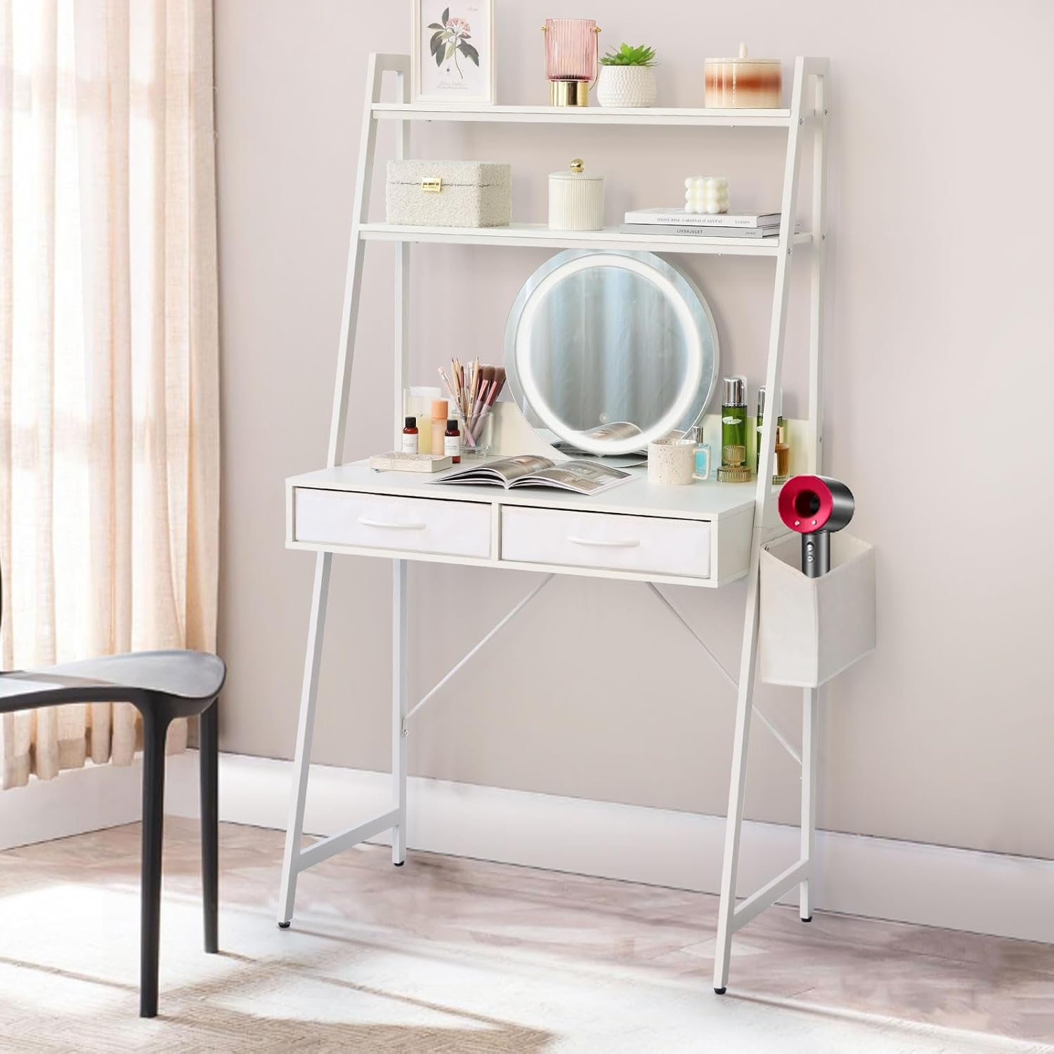 Freestanding Ladder Desks with Power Outlets, Small Home Office Study Reading Desks with 2 Fabric Drawers and Side Bag, Computer Gaming Desk Modern Vanity Dressing Makeup Desk (Elegant White, Ladder)