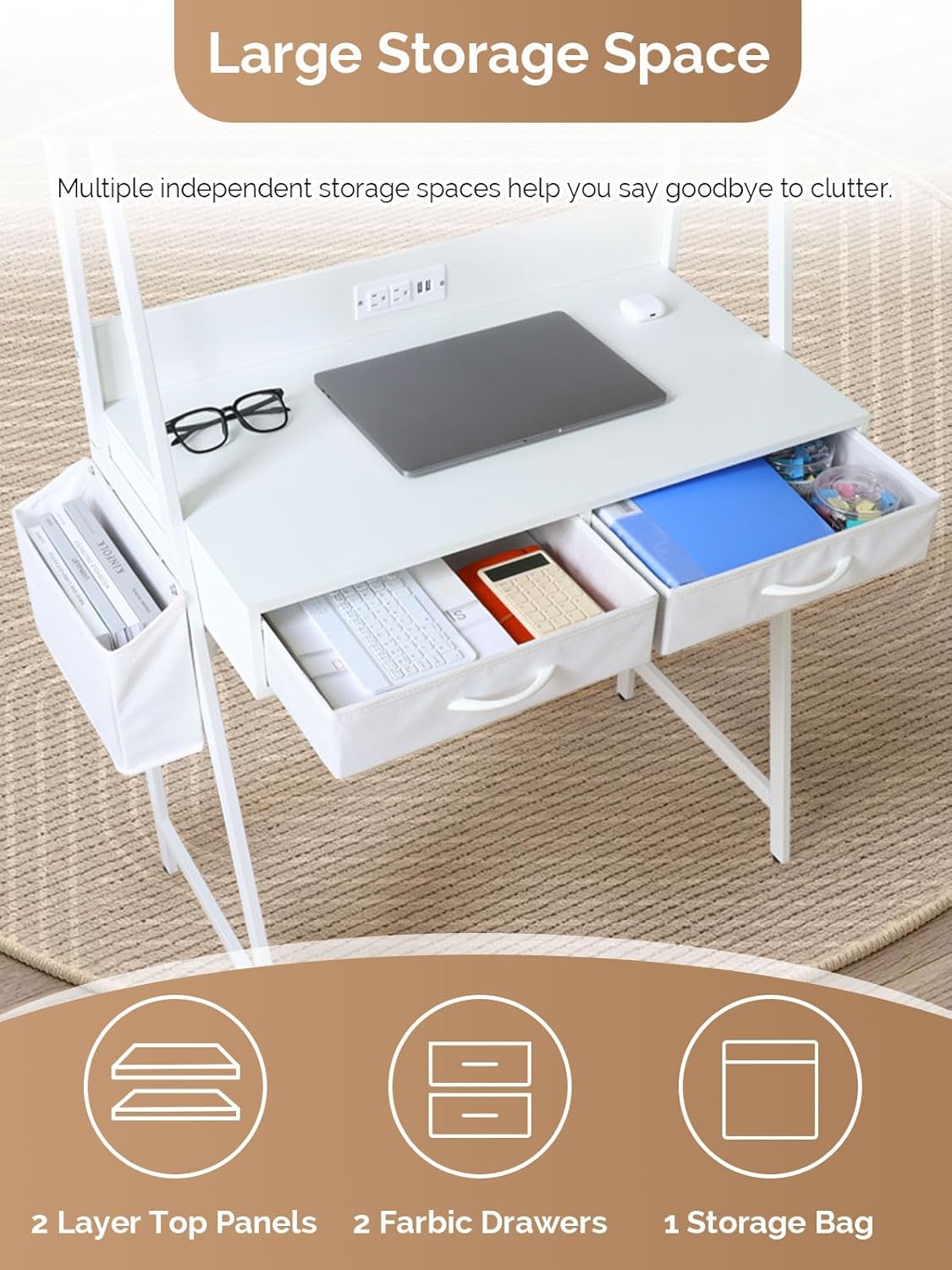 Freestanding Ladder Desks with Power Outlets, Small Home Office Study Reading Desks with 2 Fabric Drawers and Side Bag, Computer Gaming Desk Modern Vanity Dressing Makeup Desk (Elegant White, Ladder)