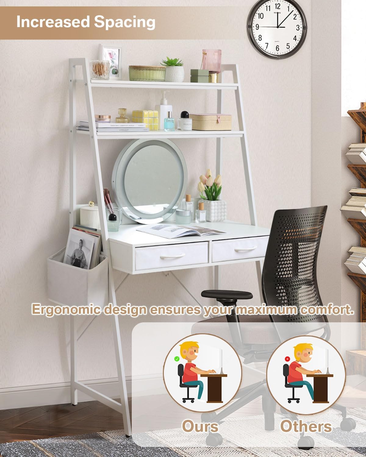 Freestanding Ladder Desks with Power Outlets, Small Home Office Study Reading Desks with 2 Fabric Drawers and Side Bag, Computer Gaming Desk Modern Vanity Dressing Makeup Desk (Elegant White, Ladder)