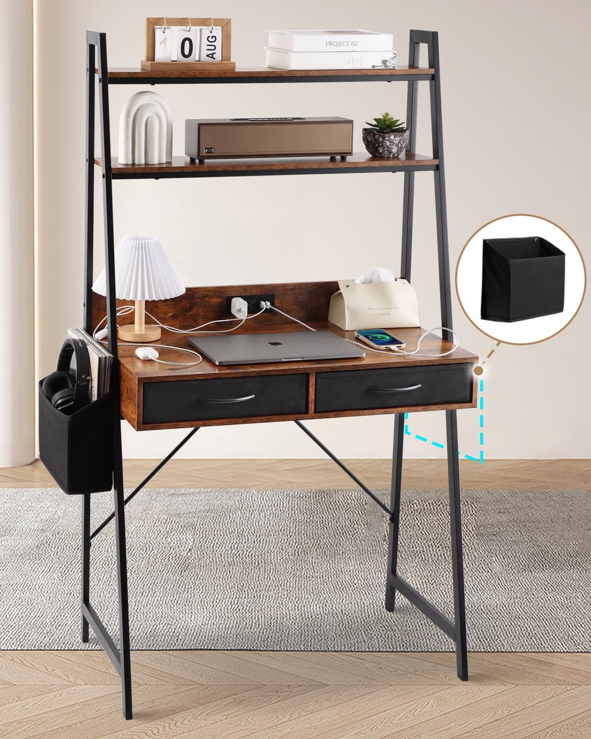 Kathy&Bob Small Home Office Study Desk - Freestanding Ladder Design with Fabric Drawers & Side Bag - Modern Vanity Makeup Desk - 2 Tier Shelf & Computer Gaming Station
