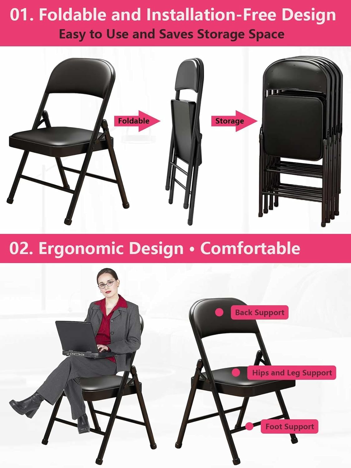 KAOCHA 2 Pack Folding Chairs with Leather Padded Cushion and Back, Metal Black Foldable Chair for Indoor Outdoor, Commercial Stackable Guest Chairs for Office Events Wedding Party Kitchen Dining