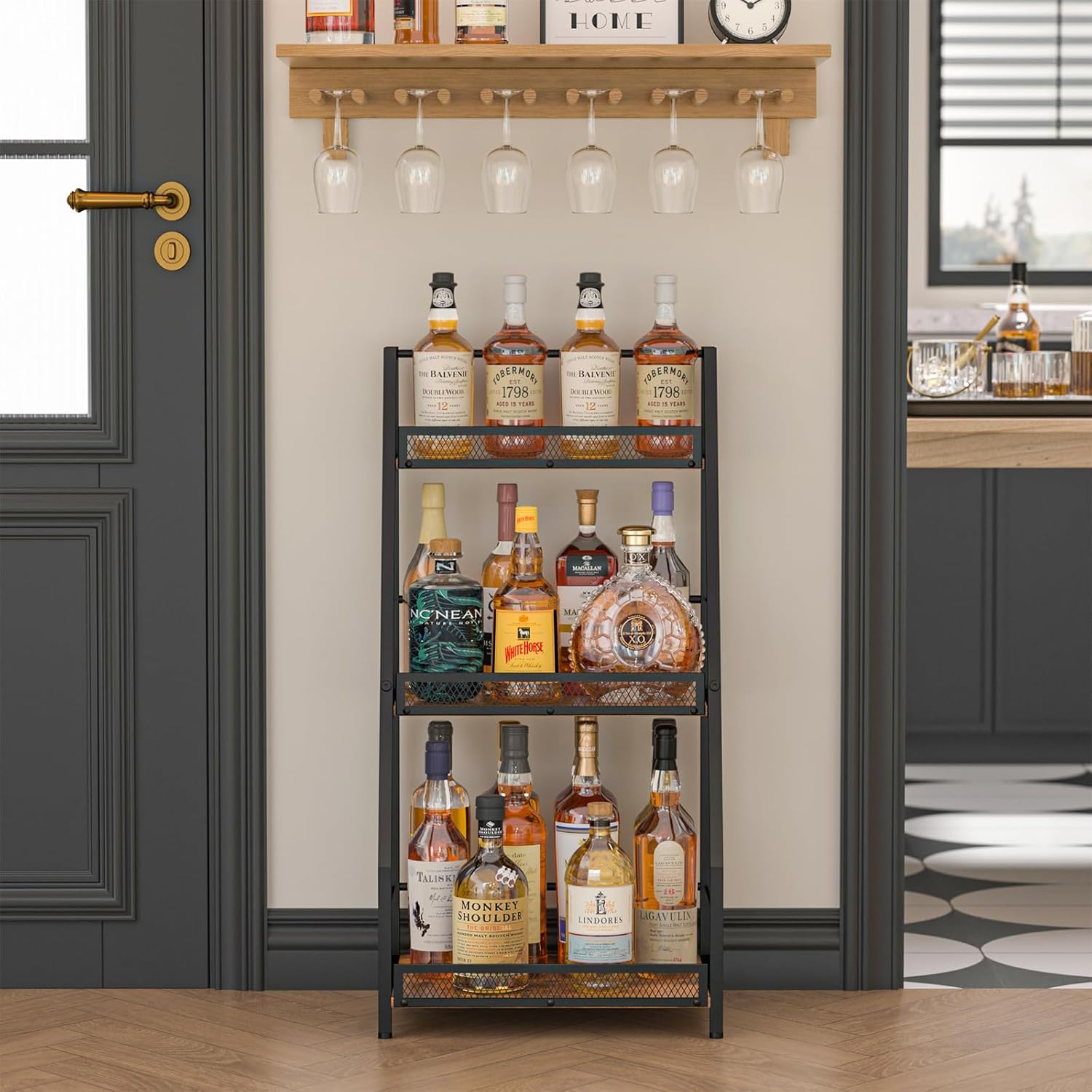 3-Tier (Safe Height for Kids & Pets) Liquor Stand for Home Bar, Stepped Wine Rack Freestanding Floor for Liquor Whiskey Wine, Versatile Corner Wine Bottle Display Stand with Fences, Vintage Brown