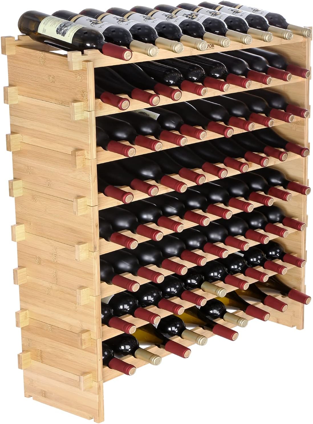 VEVOR 8-Tier 72 Bottles Stackable Modular Wine Rack, Freestanding Wines Holder Display Shelf, Solid Bamboo Wood Storage Racks, Wobble-Free Shelves for Kitchens, Dining Rooms, Cellars, Natural Color