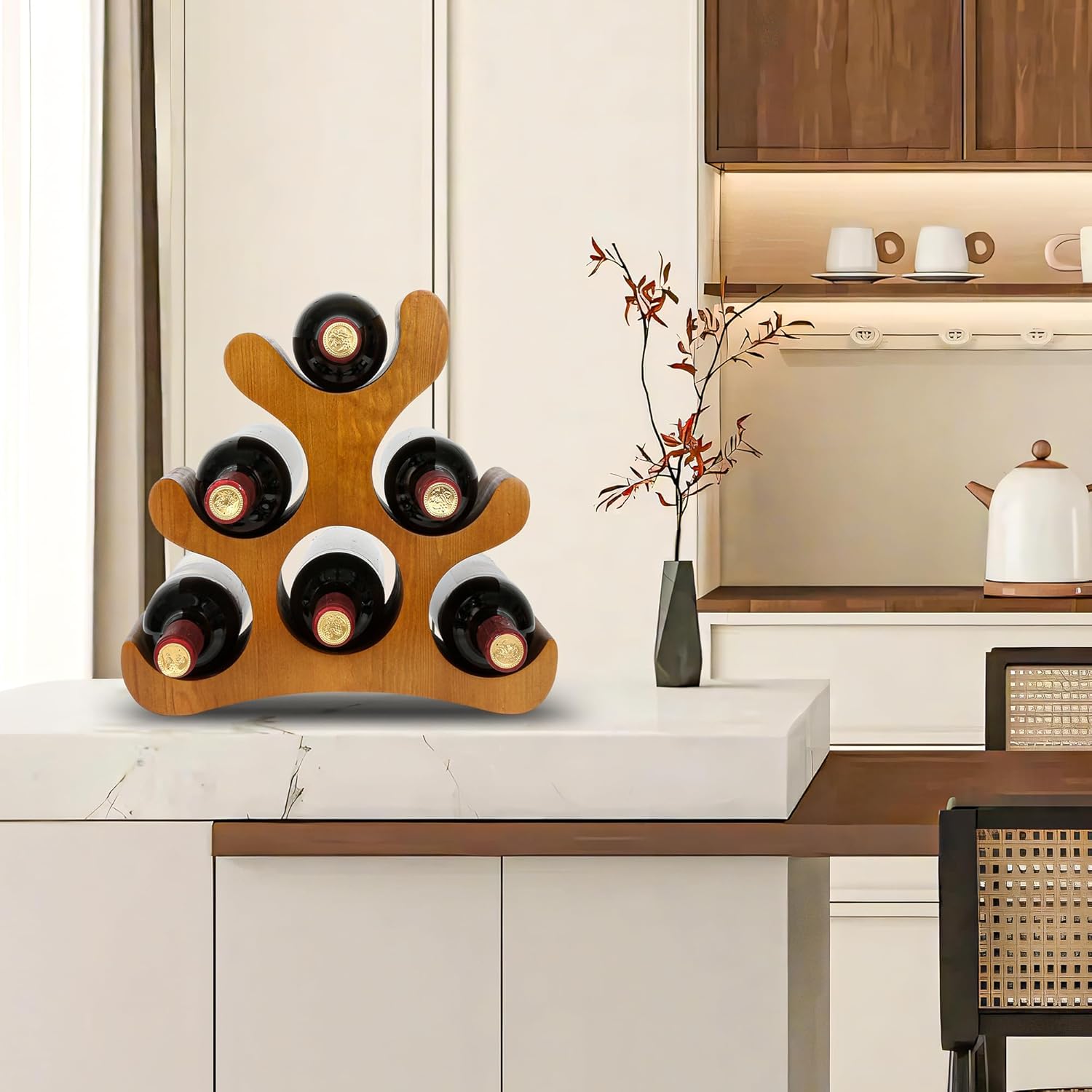 TRUDING Countertop Wine Rack - 6 Bottle Wooden Wine Rack - Freestanding Wine Bottle Holder Stand - Wine Storage Rack for Cabinet Pantry Bar Kitchen (Brown)