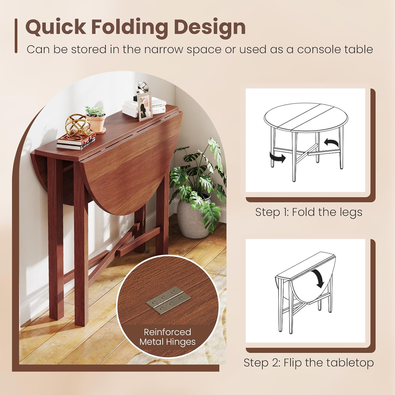 GOFLAME Round Drop Leaf Dining Table for 2-4 People, 36” Folding Kitchen Table with Solid Wood Legs, Farmhouse Extendable Table for Dining Room, Living Room, Restaurant (Round, Walnut)