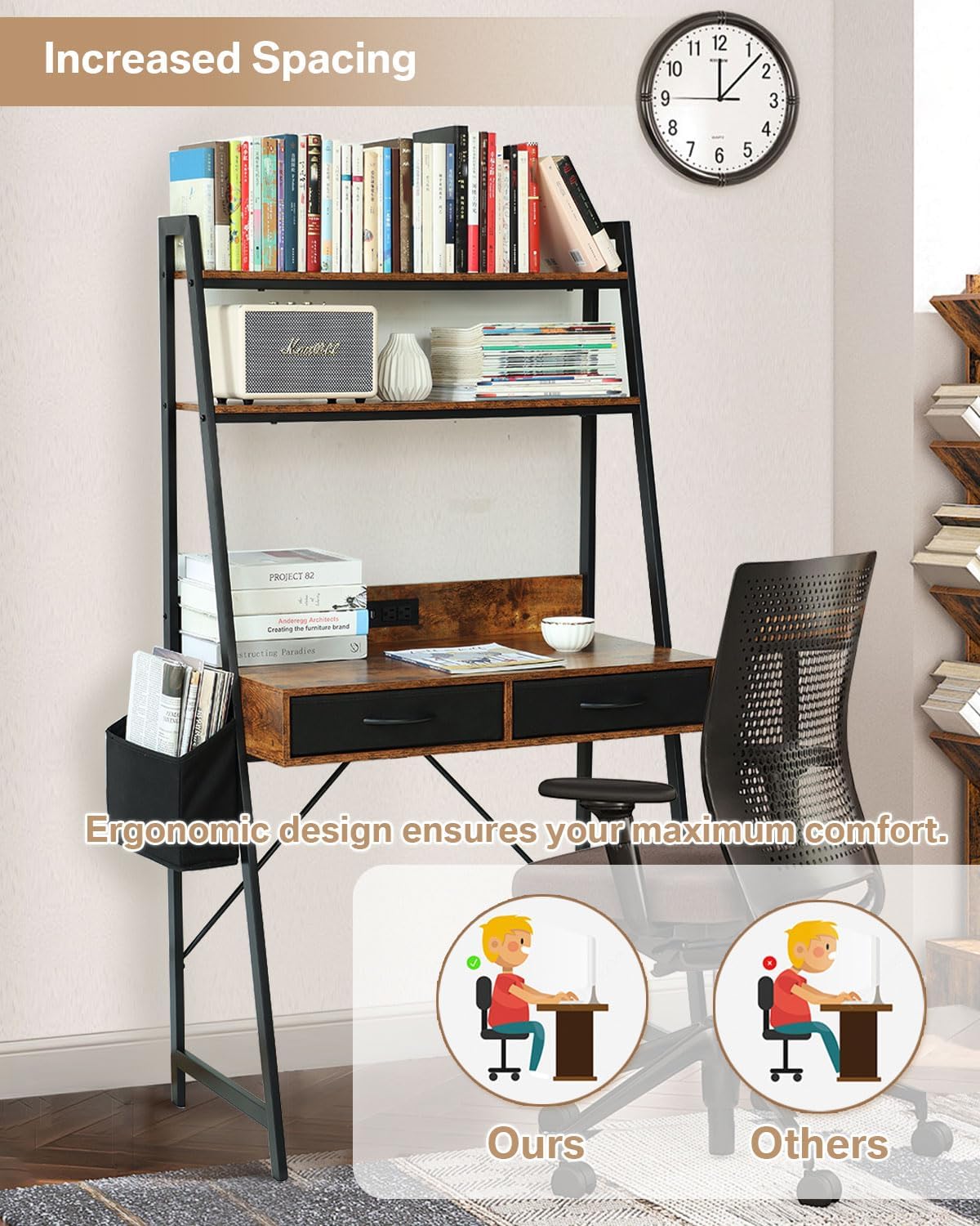 Kathy&Bob Small Home Office Study Desk - Freestanding Ladder Design with Fabric Drawers & Side Bag - Modern Vanity Makeup Desk - 2 Tier Shelf & Computer Gaming Station