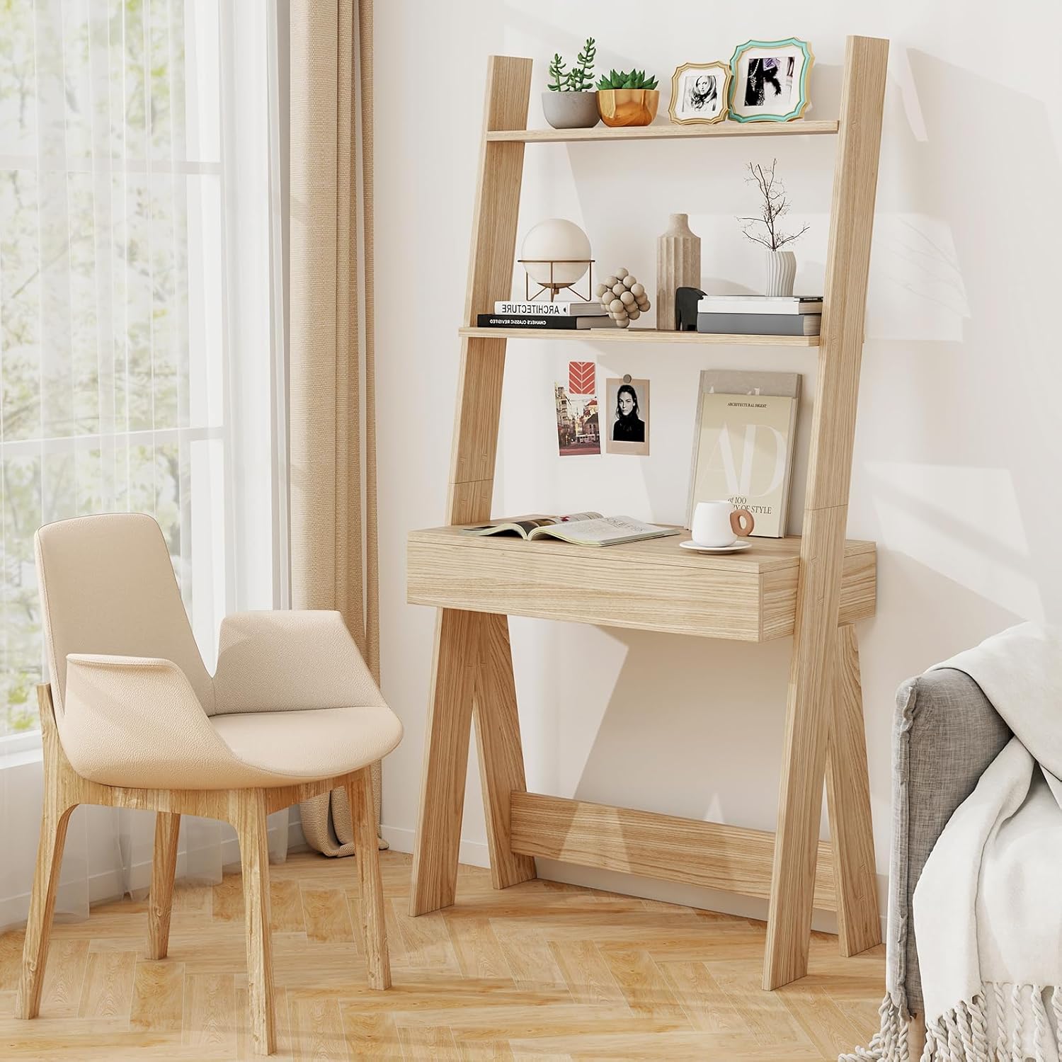 Giantex 3 Tier Ladder Desk with Drawer, 33" Width Ladder Shelf with Anti-Tipping Device, Freestanding Bookshelf, Natural Leaning Computer Desk with Shelves for Small Space