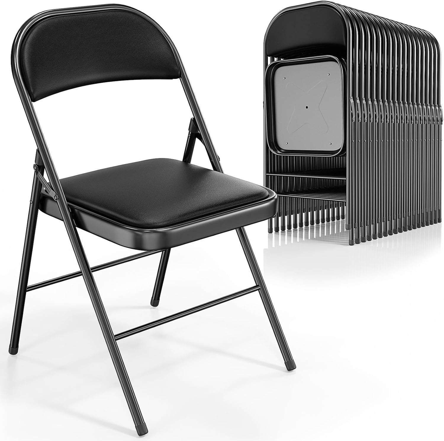 VINGLI 10 Pack Folding Chairs with Padded Seats, Metal Frame with Pu Leather Seat & Back, Capacity 350 lbs, Black