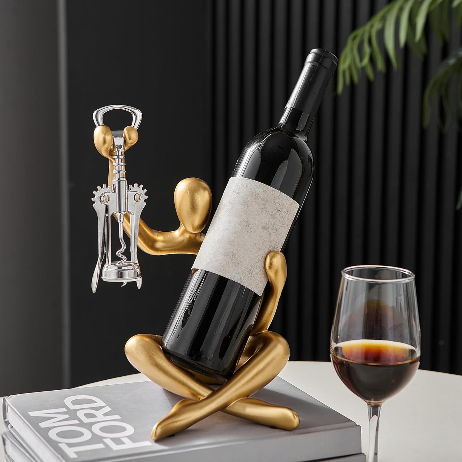 FJSPERM Thinker Statue Wine Rack, Gold Modern Rack for Kitchen Table Decor, Single Wine Bottle Holder Countertop for Bar, Small Bottle Holder Rack