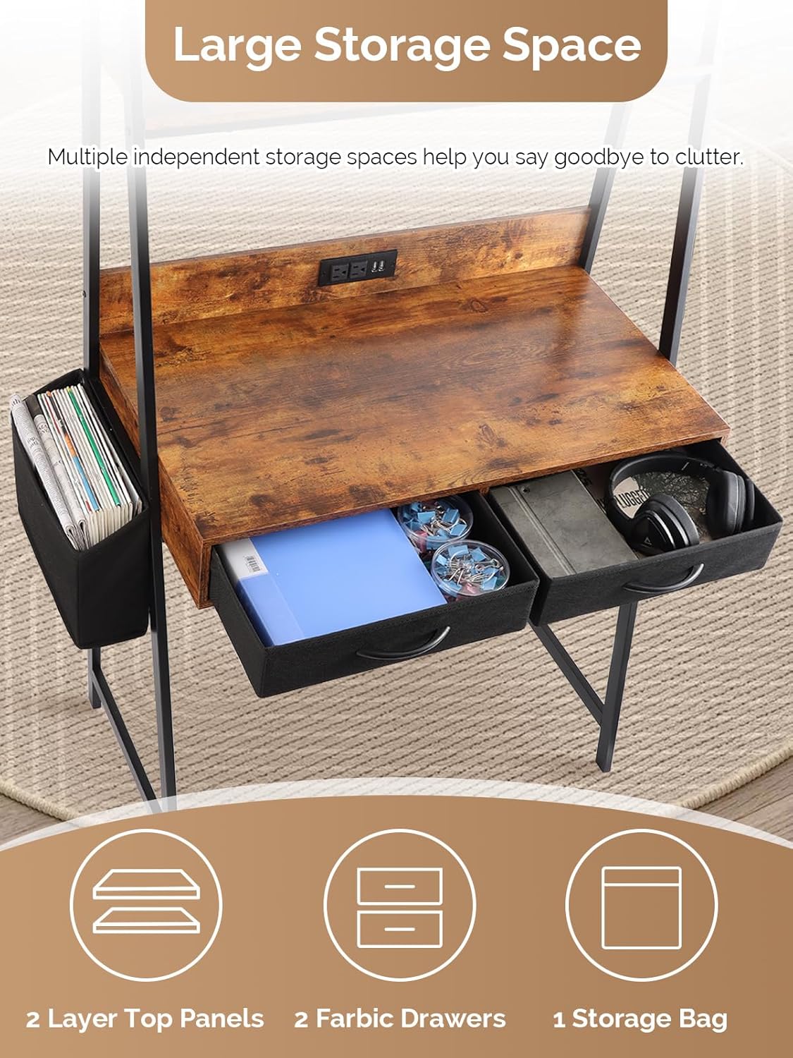 Kathy&Bob Small Home Office Study Desk - Freestanding Ladder Design with Fabric Drawers & Side Bag - Modern Vanity Makeup Desk - 2 Tier Shelf & Computer Gaming Station