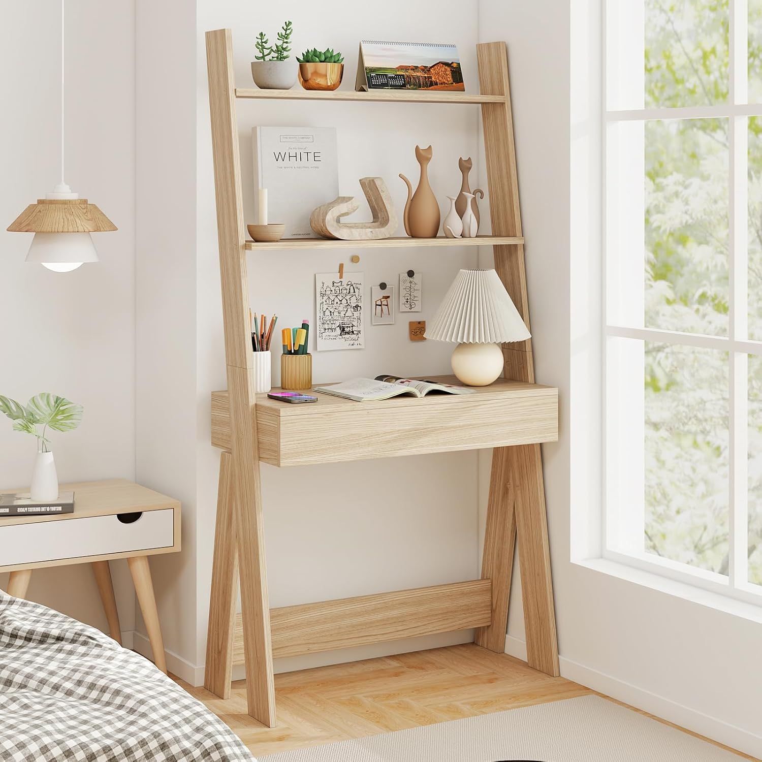 Giantex 3 Tier Ladder Desk with Drawer, 33" Width Ladder Shelf with Anti-Tipping Device, Freestanding Bookshelf, Natural Leaning Computer Desk with Shelves for Small Space