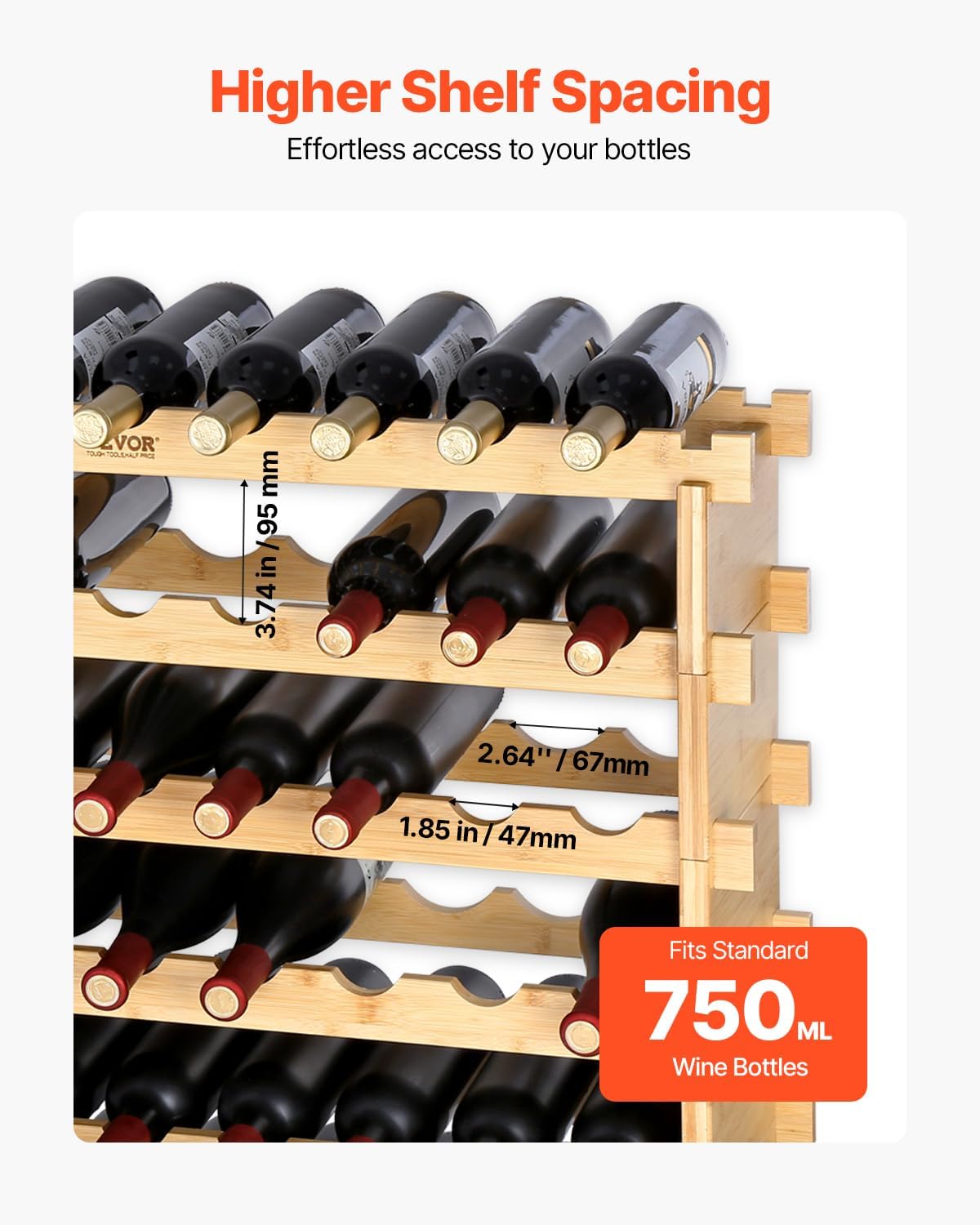 VEVOR 8-Tier 72 Bottles Stackable Modular Wine Rack, Freestanding Wines Holder Display Shelf, Solid Bamboo Wood Storage Racks, Wobble-Free Shelves for Kitchens, Dining Rooms, Cellars, Natural Color