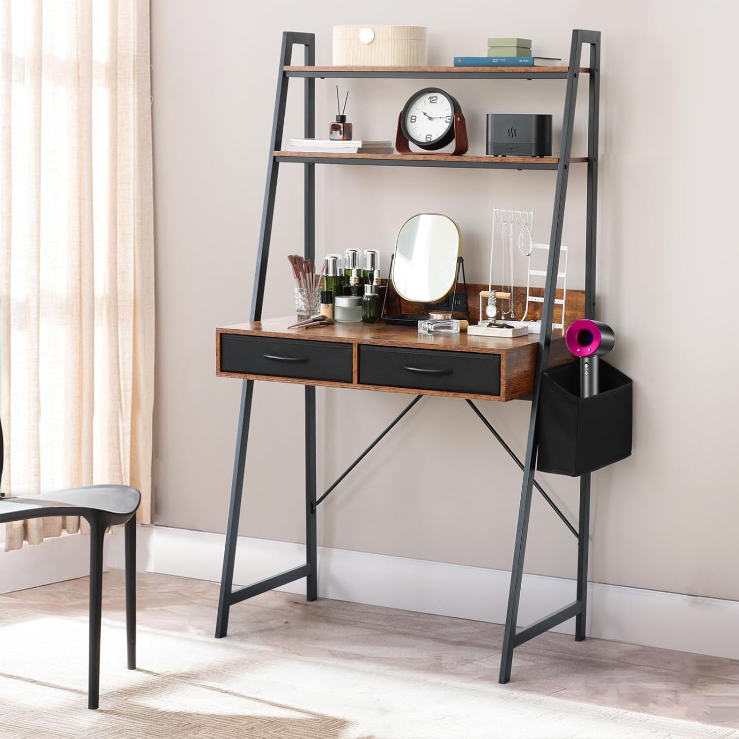 Freestanding Ladder Desks with Power Outlets, Small Home Office Study Reading Desks with 2 Fabric Drawers and Side Bag, Computer Gaming Desk Modern Vanity Dressing Makeup Desk (Elegant White, Ladder)