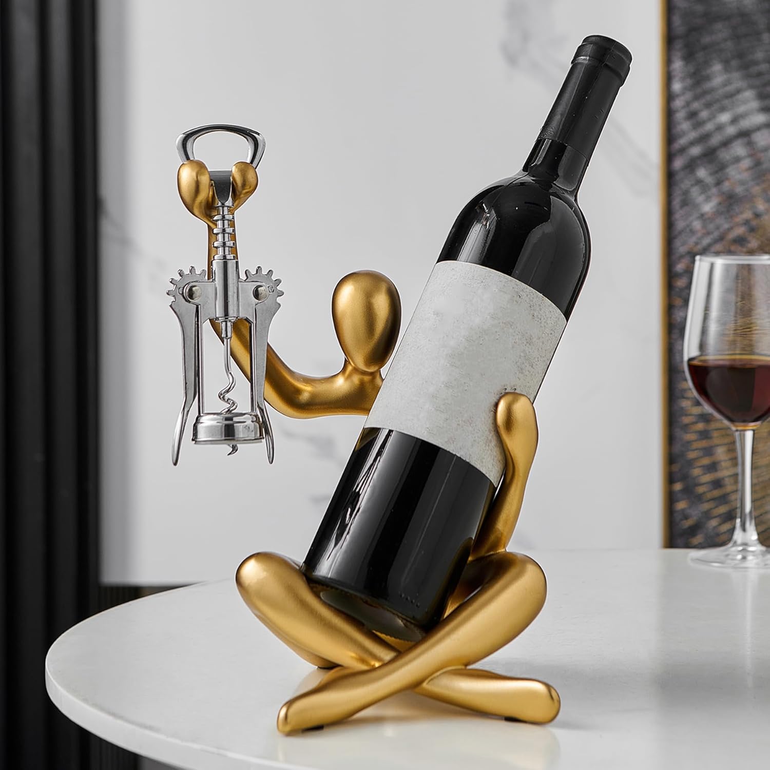 FJSPERM Thinker Statue Wine Rack, Gold Modern Rack for Kitchen Table Decor, Single Wine Bottle Holder Countertop for Bar, Small Bottle Holder Rack