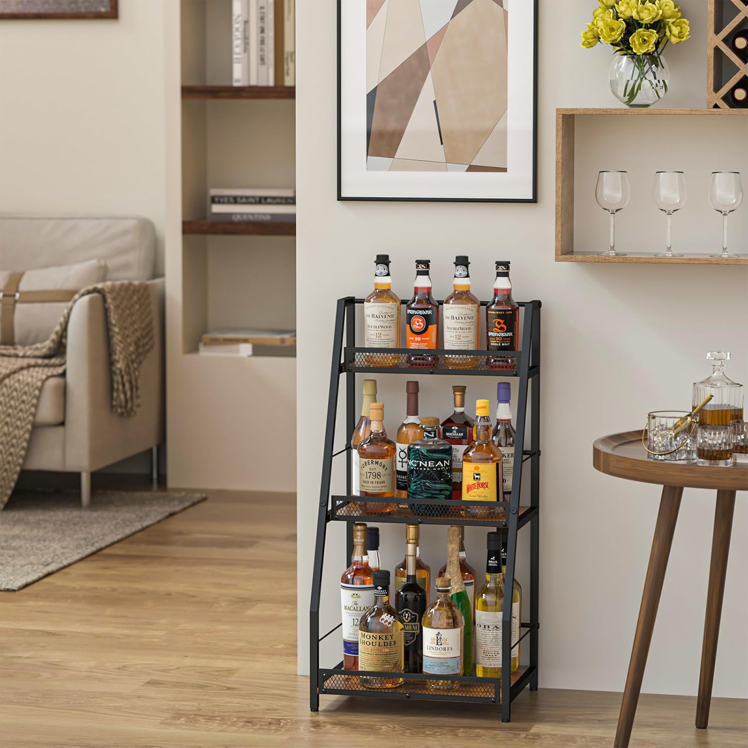 3-Tier (Safe Height for Kids & Pets) Liquor Stand for Home Bar, Stepped Wine Rack Freestanding Floor for Liquor Whiskey Wine, Versatile Corner Wine Bottle Display Stand with Fences, Vintage Brown