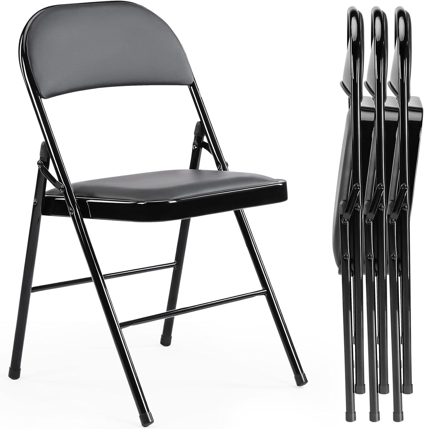 Sweetcrispy Folding Chair 4 Pack, Leather Padded Folding Chairs, Sturdy Metal Foldable Chairs, Easy to Use and Store, Outdoor and Indoor, for Home, Office, Party, Comfy, Black
