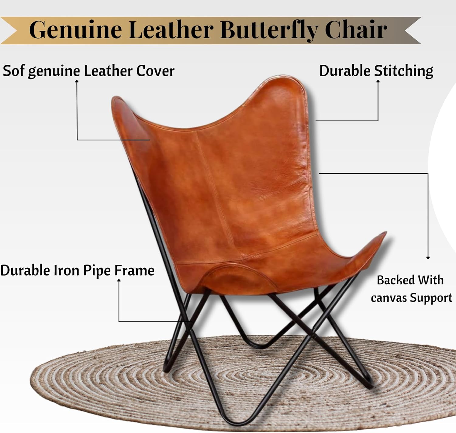 Leather Living Room Chairs Handmade Butterfly Chairs for Adults Powder Coated Folding Iron Frame Leather Butterfly Chair