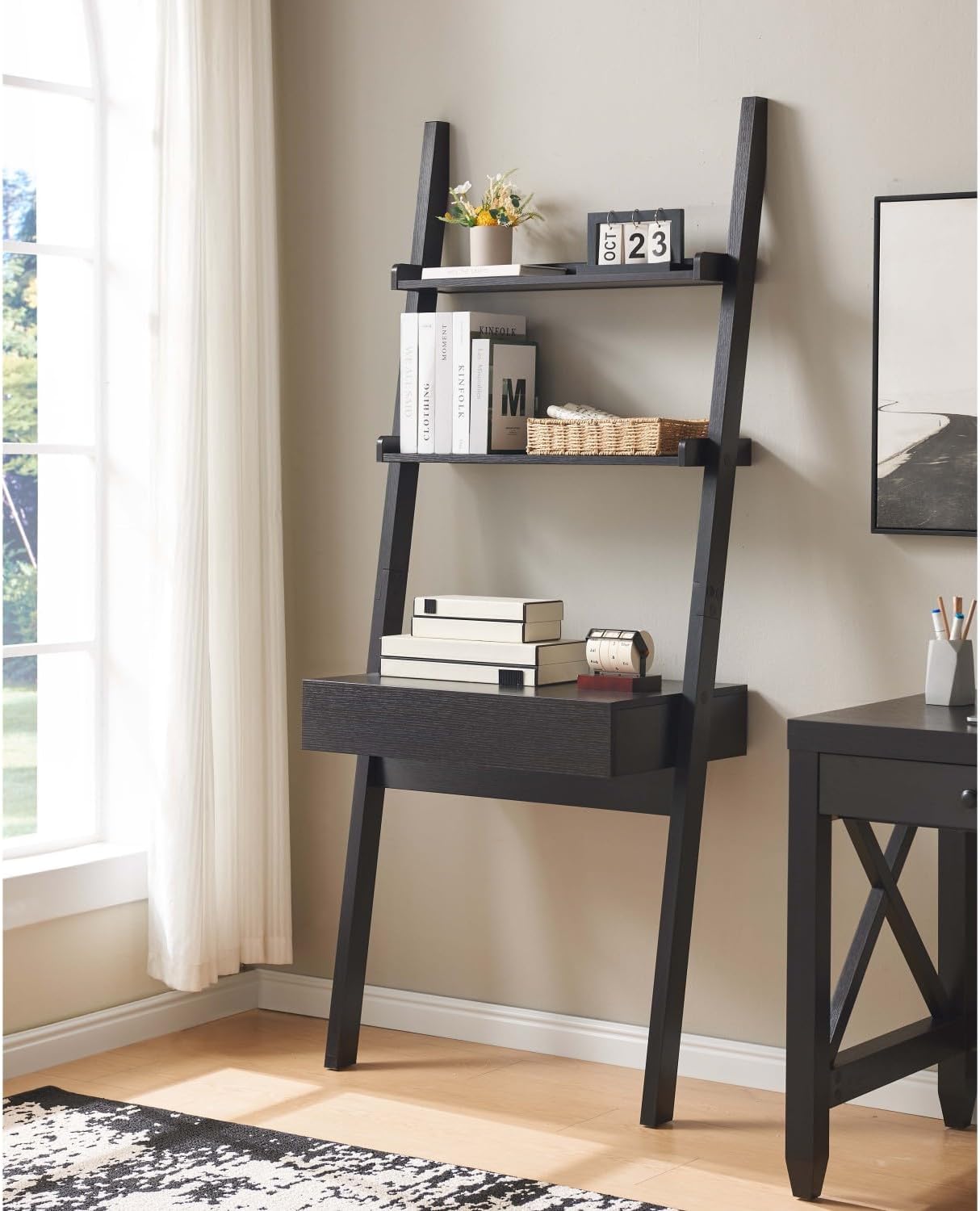 Modern Home Office Desk with Ladder Bookcase - 2 Shelves 1 Drawer - Space-Saving Workspace for Your Desk