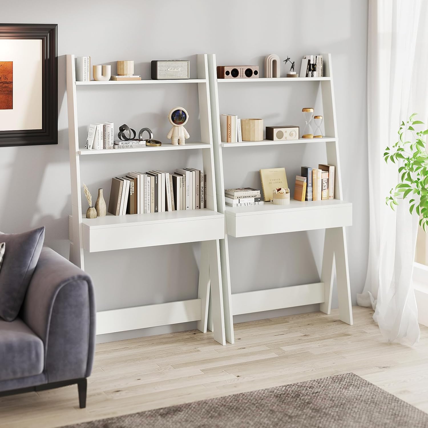 Tangkula Ladder Desk with Countertop & Drawer, Home Office Computer Laptop Table with Open Shelves & Anti-Tip Kits, Wall-Leaning Compact Working Station for Small Spaces (White)