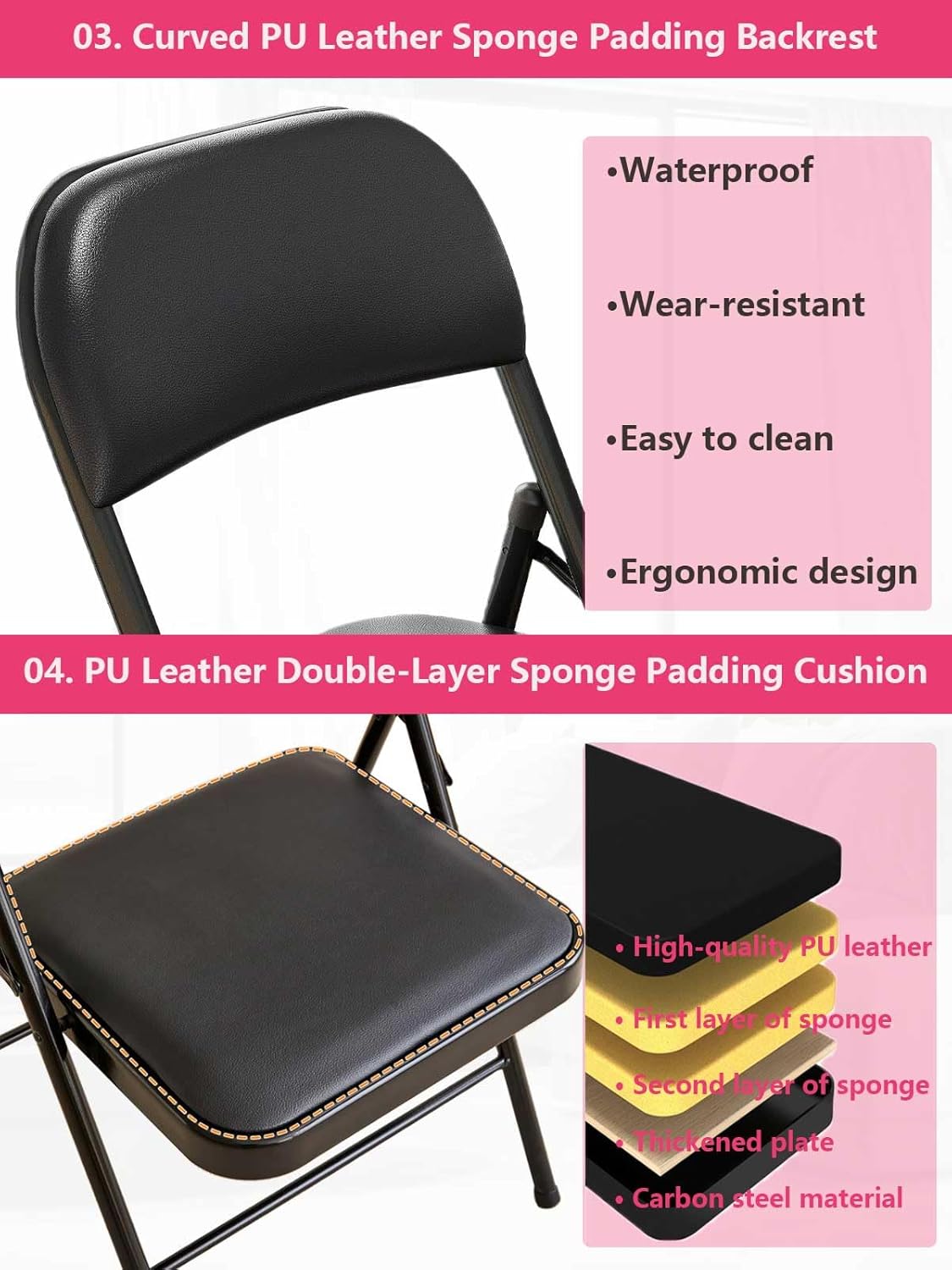 KAOCHA 2 Pack Folding Chairs with Leather Padded Cushion and Back, Metal Black Foldable Chair for Indoor Outdoor, Commercial Stackable Guest Chairs for Office Events Wedding Party Kitchen Dining